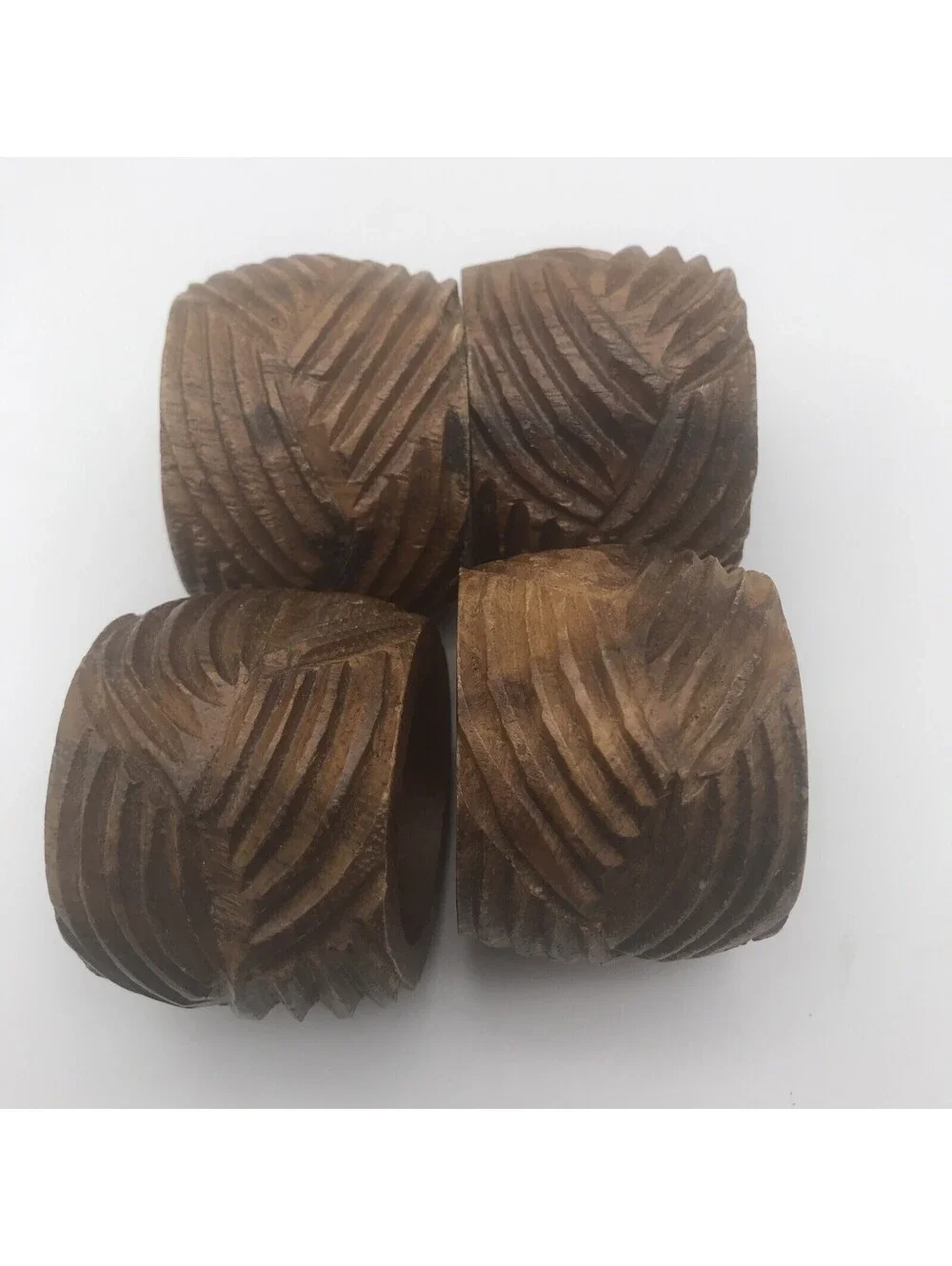 Vintage Carved Wooden Napkin Rings Holders Made In Philippines Ribbed Wave Wood